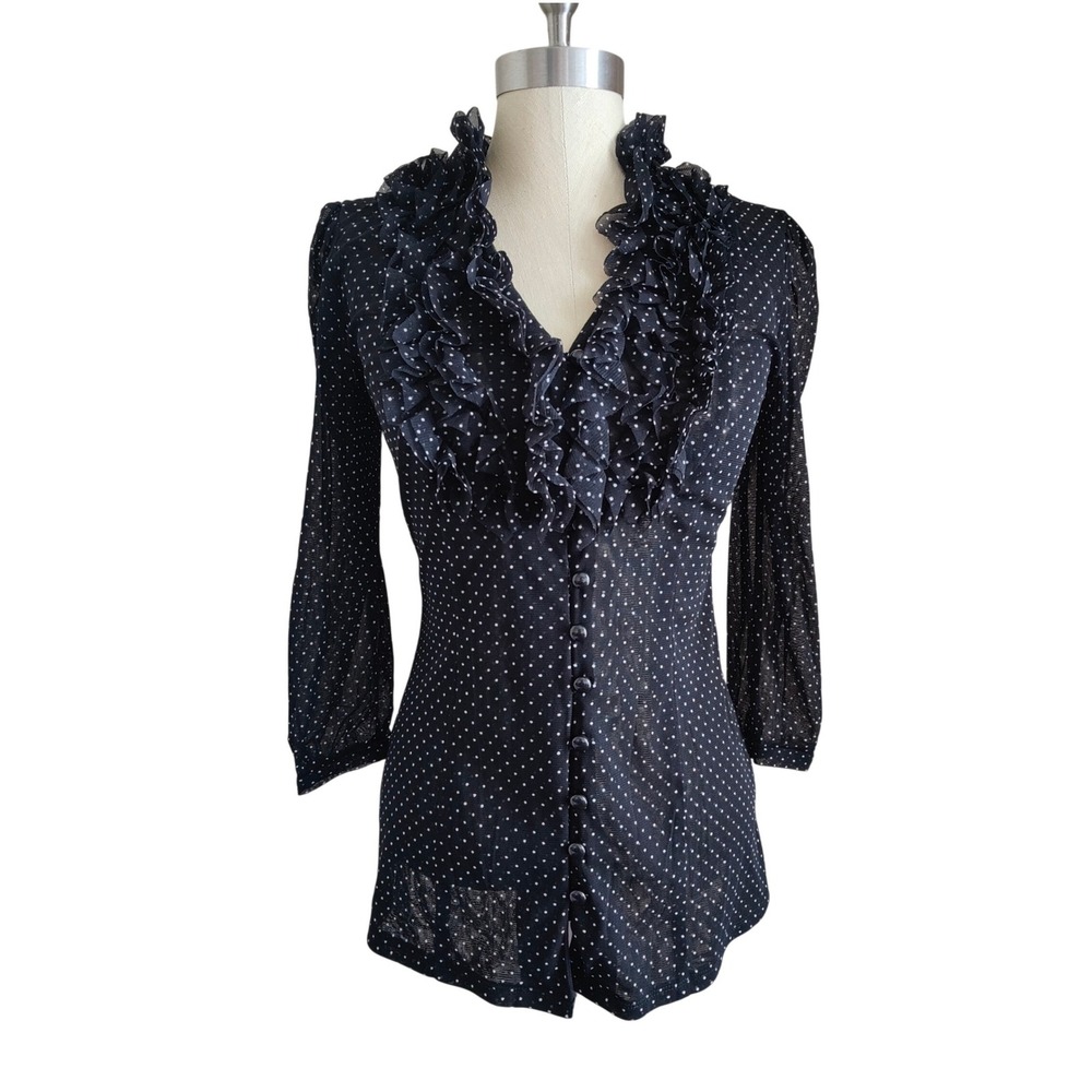 Vintage INC Mesh Top Black Polka Dot Ruffle Button Front 90s Y2K Office Twee M